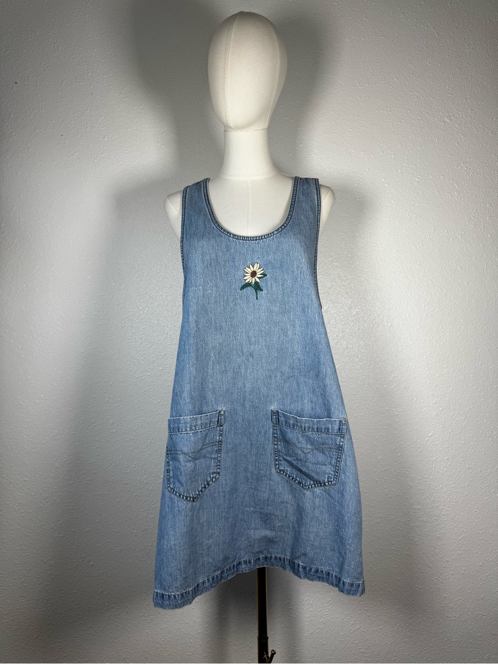 Vintage 90s Sunflower Embroidered Denim Republic pinafore Dress L cottagecore